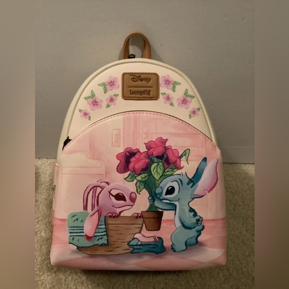 Loungefly Handbags - LOUNGEFLY DISNEY STITCH & ANGEL FLOWERS MINI BACKPACK NWT Pink 11" x 8" x 5"